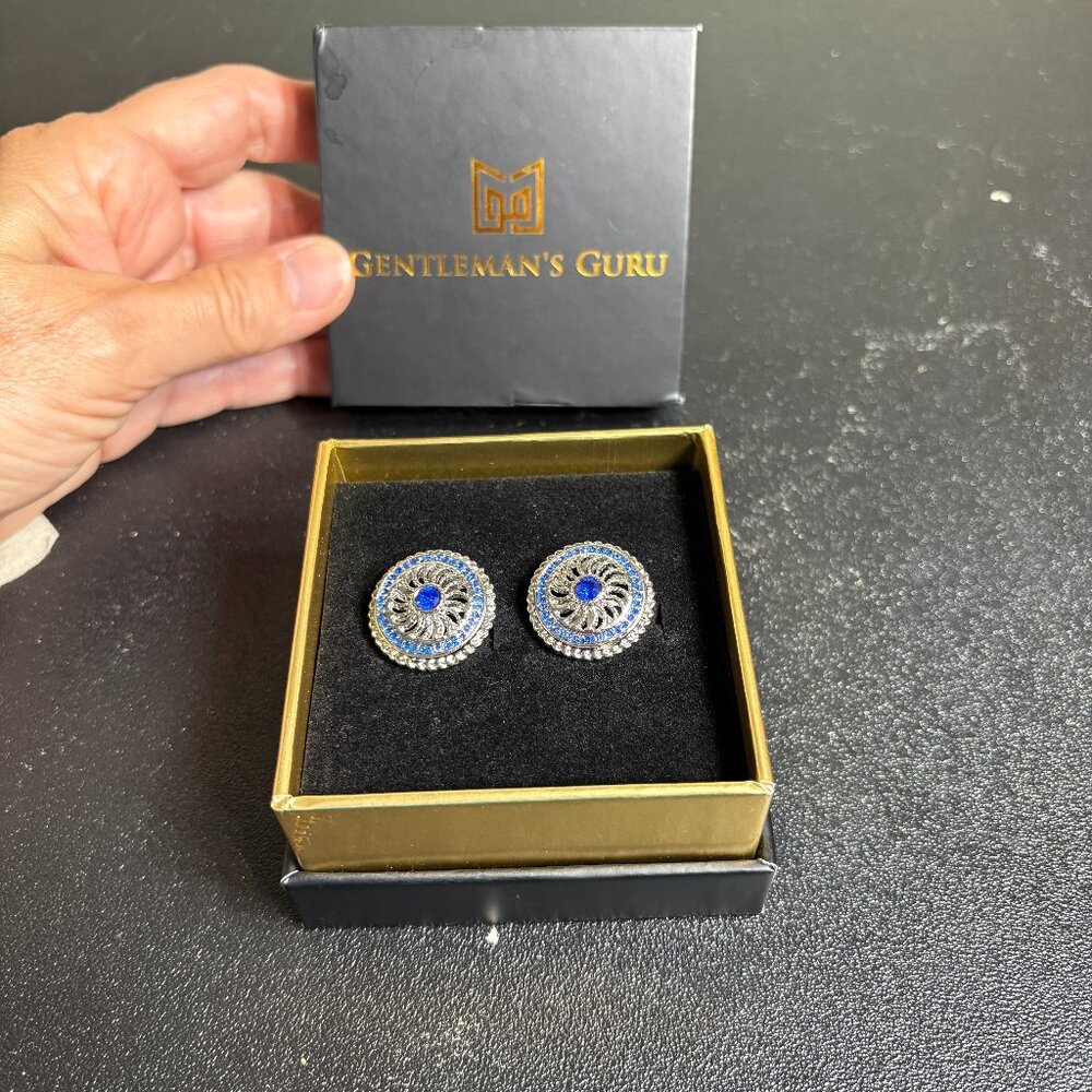 GENTLEMAN'S GURU Silver Plated w Blue Crystal Accent Cuff Links